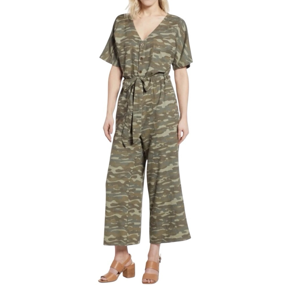 Caslon Camouflage Linen Blend Wide Leg Cropped Jumpsuit  NEW